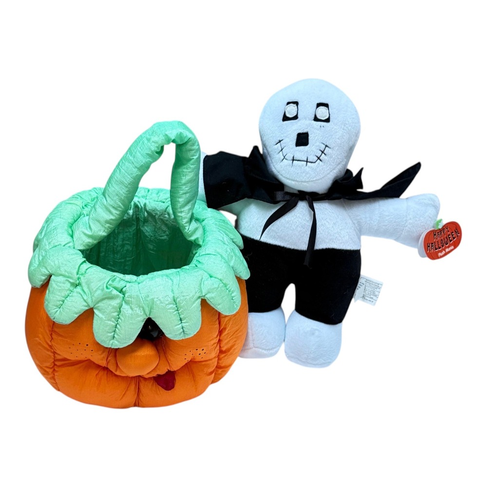 Plush Mania Halloween Lot 2 Skeleton and Pumpkin Basket Orange Vintage 2000
